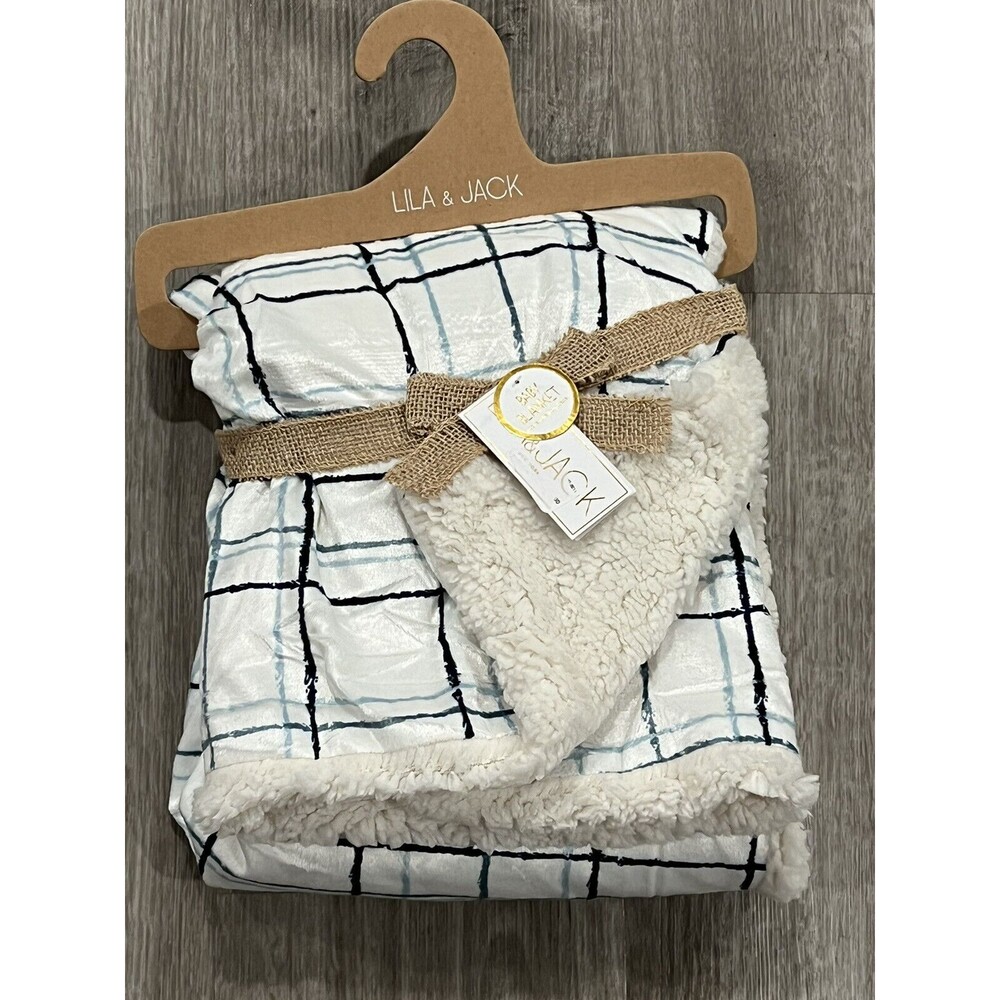 Lila & Jack Sherpa Baby Blanket White Blue Navy Plaid Lines Boys New